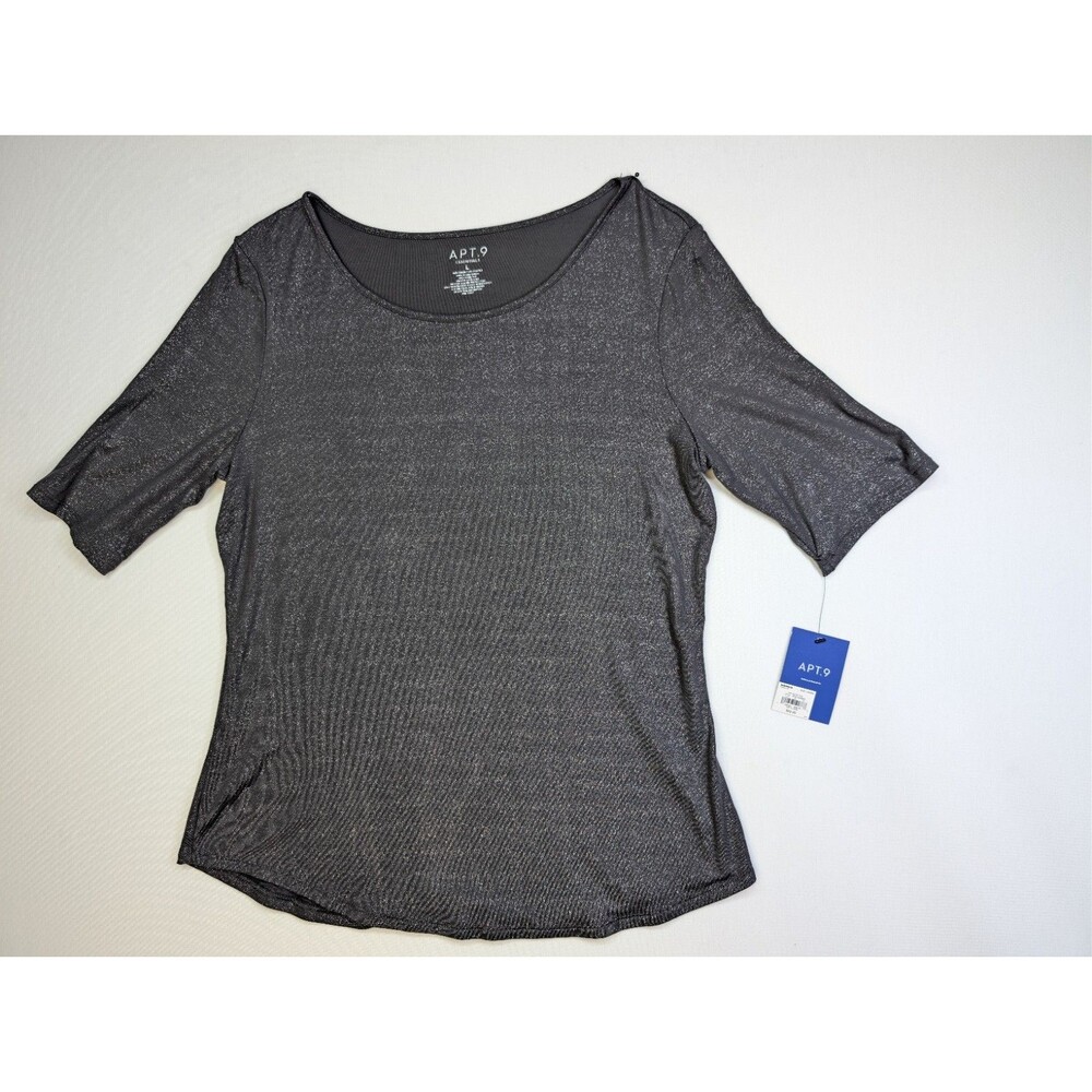 NWT Apt 9 Essentials Women Shimmer Metallic Top Scoop Neck Elbow Sleeve Gray Lg